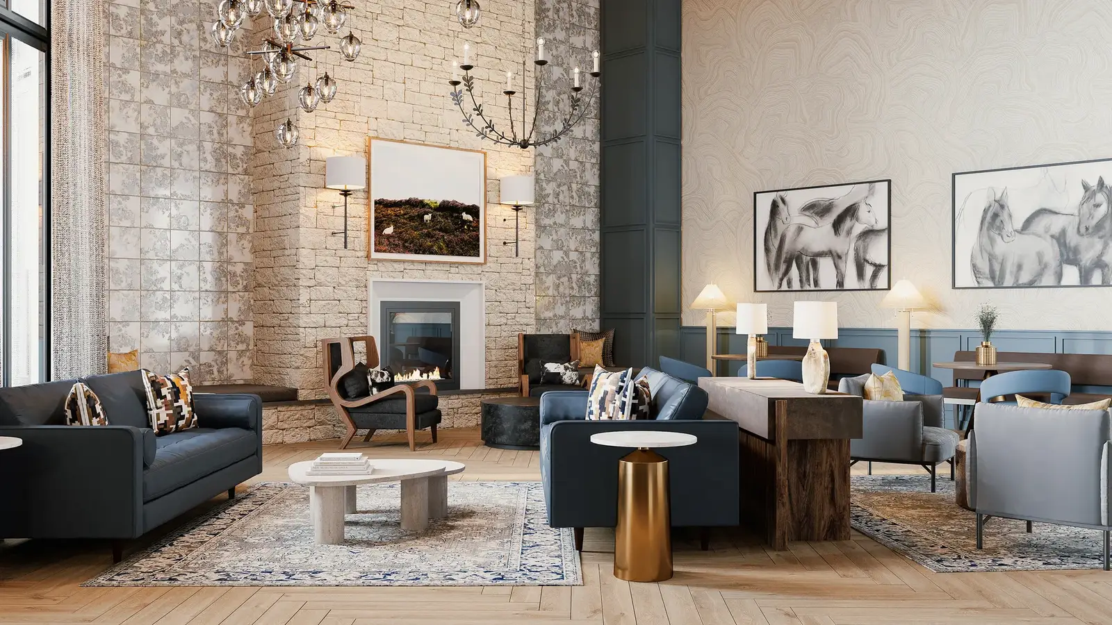 Warm, layered community lounge designed by Studio B