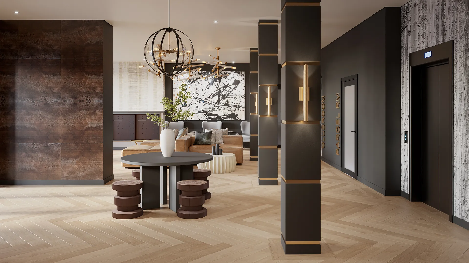 Sophisticated lobby interior with layered materials and warm lighting