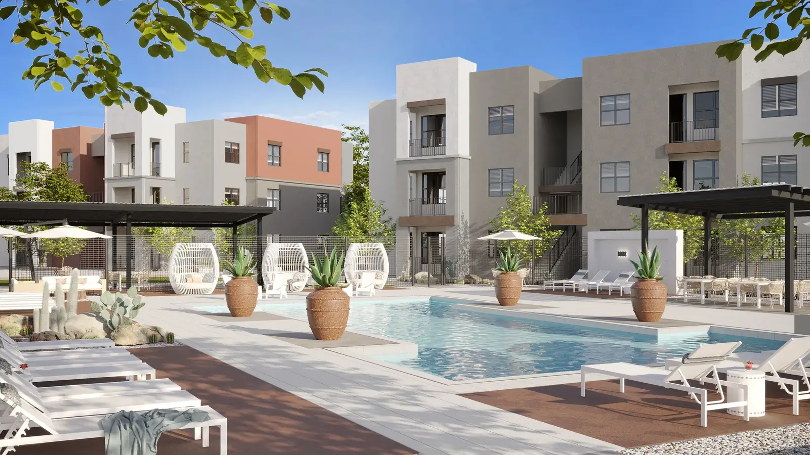 Outdoor pool and amenity space in a residential community